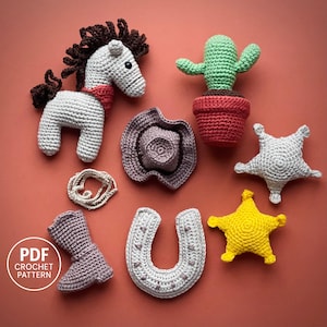 May include: A selection of crocheted cowboy-themed items, including a horse, cactus, cowboy hat, sheriff's star, horseshoe, boot, and rope. The items are in various colours, such as grey, brown, red, green, and yellow. The image includes the text "PDF CROCHET PATTERN".