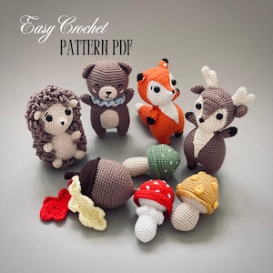 Forest Animals Crochet Pattern PDF. Set 8 in 1: Fox, Bear, Deer, Hedgehog, Mushroom, Acorn. DIY Amigurumi Toy. Cotton Toys Crochet Pattern