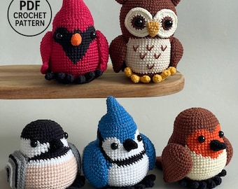 Woodland Bird Crochet Pattern PDF. Amigurumi Birds. Bundle: Cardinal, Owl, Blue Jay, Chickadee, Robin. Easy Crochet Toy Pattern