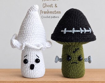 Halloween Mushroom Crochet Pattern. Ghost and Frankenstein Amigurumi PDF. Spooky Shelf Decor. Easy Crochet Tutorial
