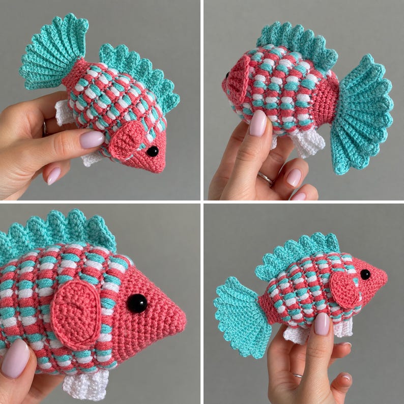 10-i-1-virkmönster för akvarier i PDF-format. 10-i-1-amigurumi med havsdjur. Fisk, mussla, sjöstjärna, snigel, sjögräs bild 4
