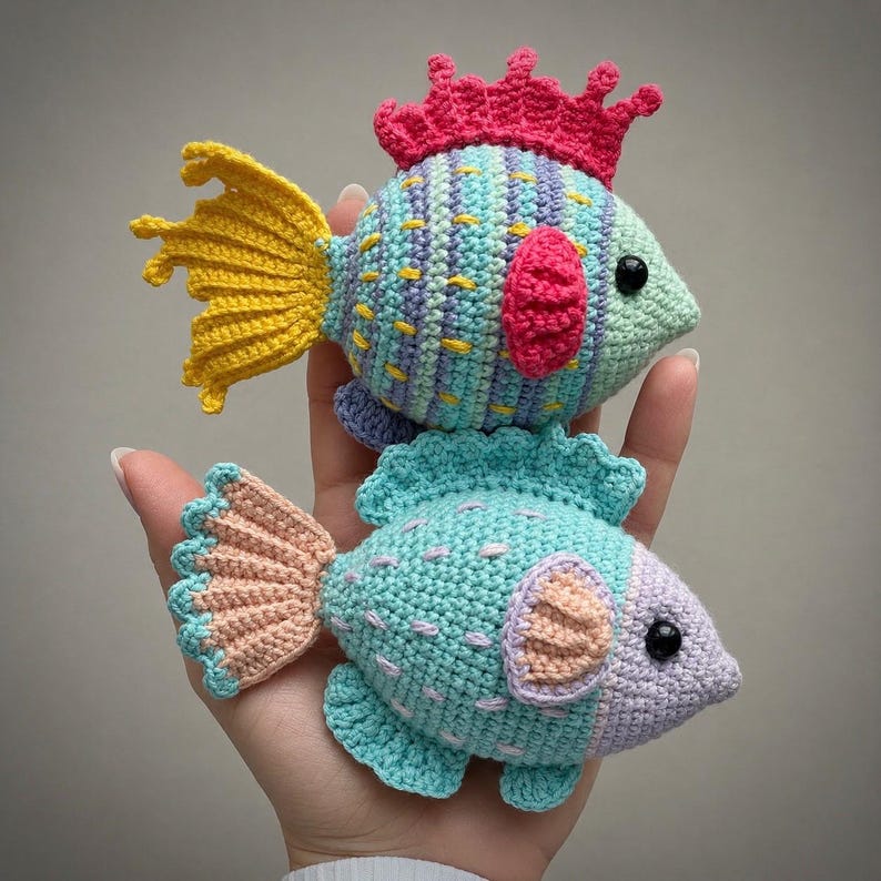 10-i-1-virkmönster för akvarier i PDF-format. 10-i-1-amigurumi med havsdjur. Fisk, mussla, sjöstjärna, snigel, sjögräs bild 14