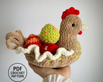 Patrón de gallina de Pascua a crochet con huevos. Cesta de gallina amigurumi en PDF. Decoración del hogar.