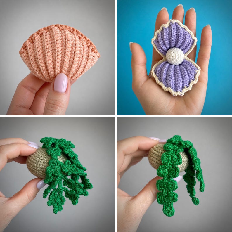 10-i-1-virkmönster för akvarier i PDF-format. 10-i-1-amigurumi med havsdjur. Fisk, mussla, sjöstjärna, snigel, sjögräs bild 9
