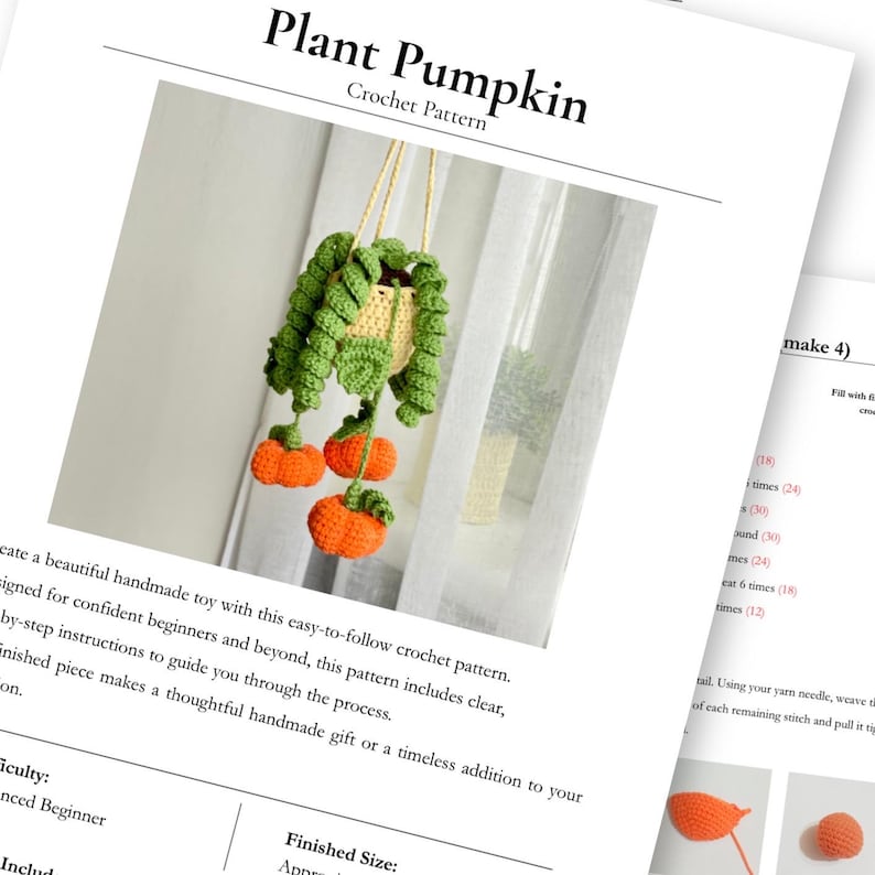 May include: A crochet pattern document titled Plant Pumpkin featuring a hanging plant with a light yellow pot, green curly vines, and three small orange pumpkins. The document includes instructional text and diagrams for creating the handmade item.
