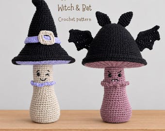 Halloween Mushroom Crochet Pattern. Witch and Bat Amigurumi PDF. Spooky Fall Decor. Easy Tutorial
