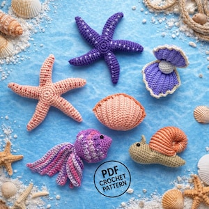 Aquarium Crochet Patterns PDF. DIY Amigurumi Starfish, Shell, Snail. Marine Toys Sea Creatures Tutorial