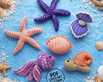 Virkmönster för akvarium i PDF-format. DIY Amigurumi Sjöstjärna, Snäcka, Snigel. Handledning för marina leksaker och havsdjur.