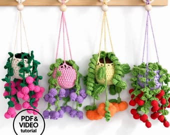 Crochet Hanging Plants Pattern Set: Berry, Blueberry & Pumpkin. PDF + Video Tutorial