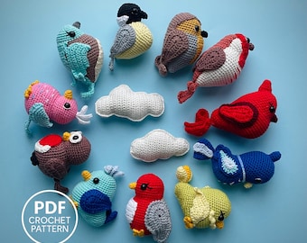Amigurumi Bird Crochet Pattern Set PDF. Baby Mobile Birds. Nursery Decor. Chickadee, Cardinal, Robin