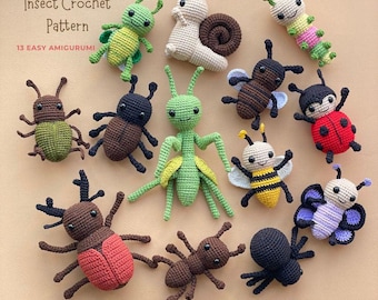 13 Insect Crochet Pattern Set PDF. Amigurumi Bugs Collection. Easy Crochet Animals. Beetle Bee Butterfly Mantis
