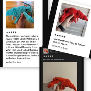 May include: Crocheted lobster in shades of blue and red. The blue lobster is held in a hand, and the red lobster is shown in a separate image. The text in the image says "Nice pattern, works up to be a lovely ROCK LOBSTAH!" and "Great pattern! Easy to follow and recreate!"