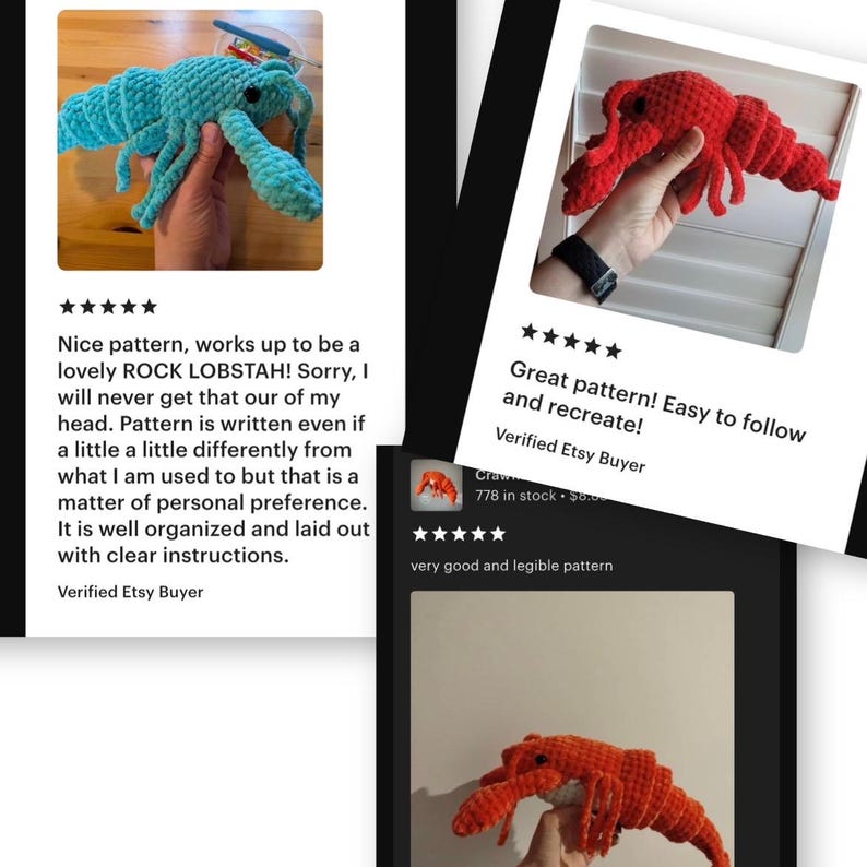 May include: Crocheted lobster in shades of blue and red. The blue lobster is held in a hand, and the red lobster is shown in a separate image. The text in the image says "Nice pattern, works up to be a lovely ROCK LOBSTAH!" and "Great pattern! Easy to follow and recreate!"