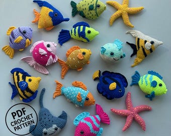 Virkmönster för tropiska fiskar i PDF-format. Amigurumi med havsdjur. Leksaker för akvarium.