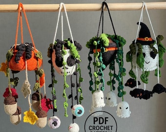 Halloween Hanging Plants Crochet Pattern. Trailing Plant Decor: Pumpkin, Skull, Witch Hat Ghost, Spider. Amigurumi Plant  PDF