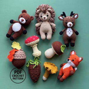 Virkmönster med skogsdjur i PDF-format: 9 i 1 Amigurumi-leksaker. Igelkott, björn, räv, rådjur och svampar