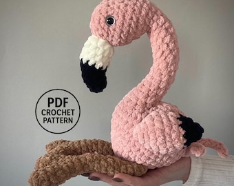 Flamingo Crochet Pattern. Plush Bird Amigurumi. Tropical Nursery Decor. Pink Flamingo Toy. Velvet Yarn PDF Tutorial
