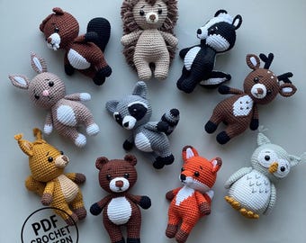 10 in 1 Woodland Animal Crochet Pattern PDF. Animals Amigurumi Bundle. Fox Bear Deer Raccoon Hedgehog Beaver Bunny Owl Skunk. Easy Plush Toy