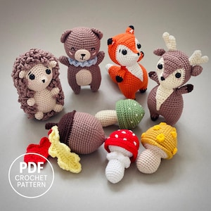 Patrón de crochet de animales del bosque en PDF: Set de juguetes amigurumi DIY. Erizo, oso, zorro, ciervo y setas.