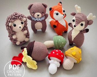 Woodland Animals Crochet Pattern PDF: DIY Amigurumi Toys Set. Hedgehog, Bear, Fox, Deer & Mushrooms