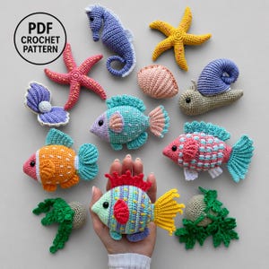 10-i-1-virkmönster för akvarier i PDF-format. 10-i-1-amigurumi med havsdjur. Fisk, mussla, sjöstjärna, snigel, sjögräs bild 11