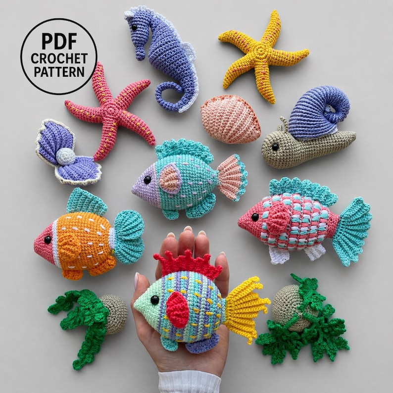 10-i-1-virkmönster för akvarier i PDF-format. 10-i-1-amigurumi med havsdjur. Fisk, mussla, sjöstjärna, snigel, sjögräs bild 11