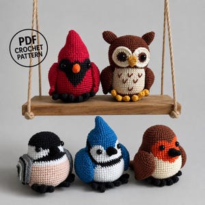 May include: Five crocheted bird figures including a red cardinal, a brown owl, a black and white chickadee, a blue jay, and a brown robin. A circular graphic with the text PDF CROCHET PATTERN is visible. The birds are displayed on a wooden swing.