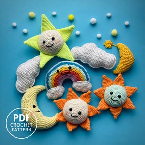 Padrão de crochê Amigurumi de Clima em PDF: Sol, Lua, Arco-íris, Nuvem, Estrela. Decoração para pendurar.