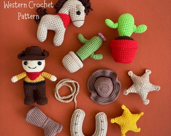 Western Crochet Pattern Bundle PDF. Cowboy Amigurumi Set. Wild West Toys: Cowboy, Horse, Cowboy Hat &  Boot, Cactus, Sheriff Star