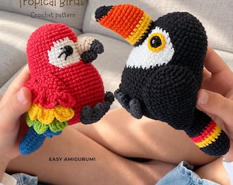 Tropical Birds Crochet Pattern PDF. Toucan and Scarlet Macaw. Parrot Amigurumi Set. Jungle Animals. Crochet Baby Toys. Rainforest Birds