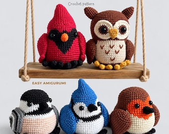 Woodland Bird Crochet Pattern PDF. Amigurumi Birds. Bundle: Cardinal, Owl, Blue Jay, Chickadee, Robin. Easy Crochet Toy Pattern