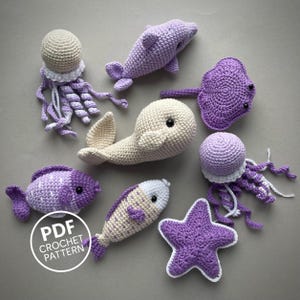 7 in 1 Meerestiere Häkeln PDF. Muster: Wal, Delfin, Qualle, Rochen, Seestern. Amigurumi Spielzeug