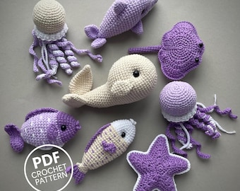 7 in 1 Ocean Animals Crochet PDF. Bundle Pattern: Whale, Dolphin, Jellyfish, Ray, Starfish. Amigurumi Toys