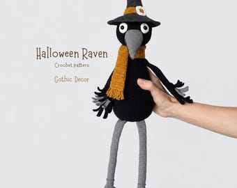 Crochet Raven Pattern PDF. Halloween Crow Amigurumi. Witch Bird with Hat. Gothic Halloween Decor. Spooky Crochet Toy