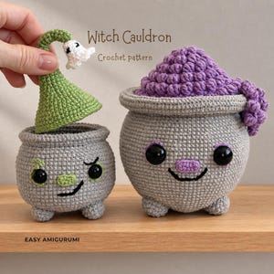 May include: Two crocheted gray cauldrons with black safety eyes and embroidered faces. One cauldron has a green pointed lid topped with a small white ghost, while the other has a textured purple bubble top. Text reads Witch Cauldron Crochet pattern.