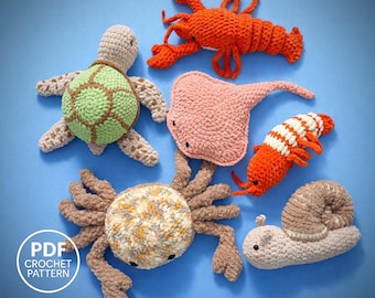 Ocean Animals Crochet Pattern PDF: Cancer, Shrimp, Sea Turtle, Crab, Stingray, Snail