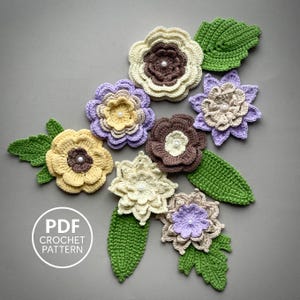 Schema per applicazione floreale all'uncinetto in PDF. Motivo floreale fai da te. Abbellimento per cappelli.