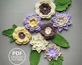 Applique Flower Crochet Pattern PDF. DIY Floral Motif. Embellishment for Hats