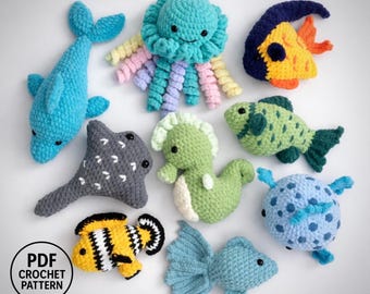 9 in 1 Marine Animals Crochet Pattern. Plush Amigurumi Toy Set PDF