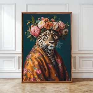 Leopard Portrait Art Print Fashionista Animal Wall Art Maximalist Decor Bold Aesthetic Eclectic Wildlife Print Vibrant Colours Flower Print
