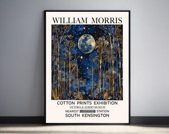 William Morris Moon Print, Golden Forest Full moon Poster, Night sky Celestial Dark Academia Wall Art