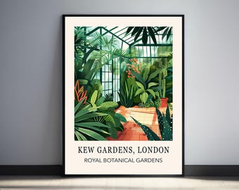 Kew Gardens Poster, London Print, Vintage Botanical Wall Art, Tropical Plant Illustration Prints