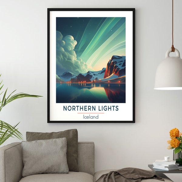 Northern Lights, Iceland Print | Vintage Travel Poster | Aurora Borealis | Europe | Vibrant Colours | Wall Art Gift | Birthday Present