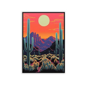 Impresión de acuarela de cactus con paisaje del desierto occidental, arte de pared del suroeste, póster de puesta de sol en Arizona, decoración del desierto, impresión bohemia occidental de cactus vintage