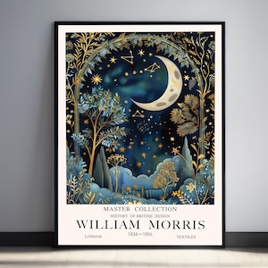 William Morris Print Vintage Moon Print, Moon Forest Print, Woodland Wall Art, Celestial Moon Print, Moon Nursery Wall Art, Golden Wall Art