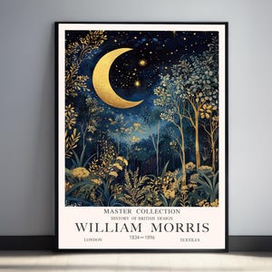 Impresión de luna Impresión de William Morris Arte de pared de cielo nocturno vintage Arte de bosque dorado celestial William Morris Decoración del hogar Amante de la luna Regalo místico