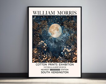 William Morris Print, Full Moon Wall Art, Dark Forest Print,  Botanical Wildflower Nature Poster For Living Room