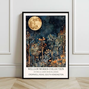 William Morris  Print, Full Moon Wall Art, Vintage  Moon Print, Golden Wall Art, Celestial Wall Art, Woodland Print, Wildflowers Wall Art