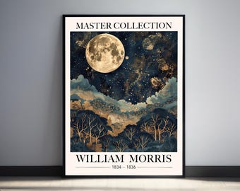 William Morris Print, Full Moon & Mountains Poster, Night Sky Forest Botanical Wall Art