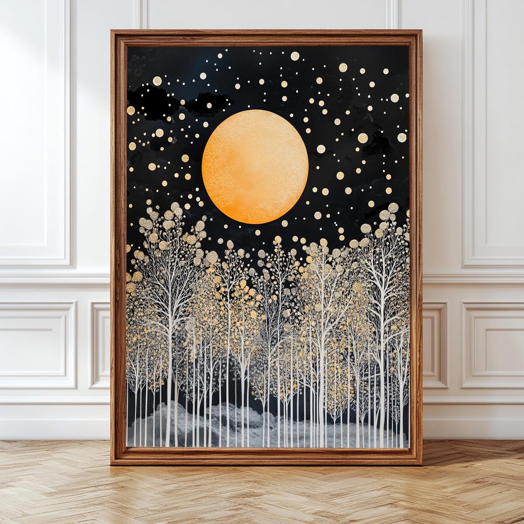 Vintage Full Moon Art Print Stars Golden Trees Serene Night Sky Moon ...